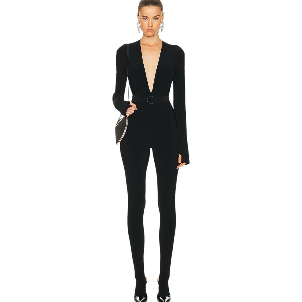 Norma Kamali Stirrup Jersey Catsuit Black Deep V Long Sleeve Jumpsuit S Edgy